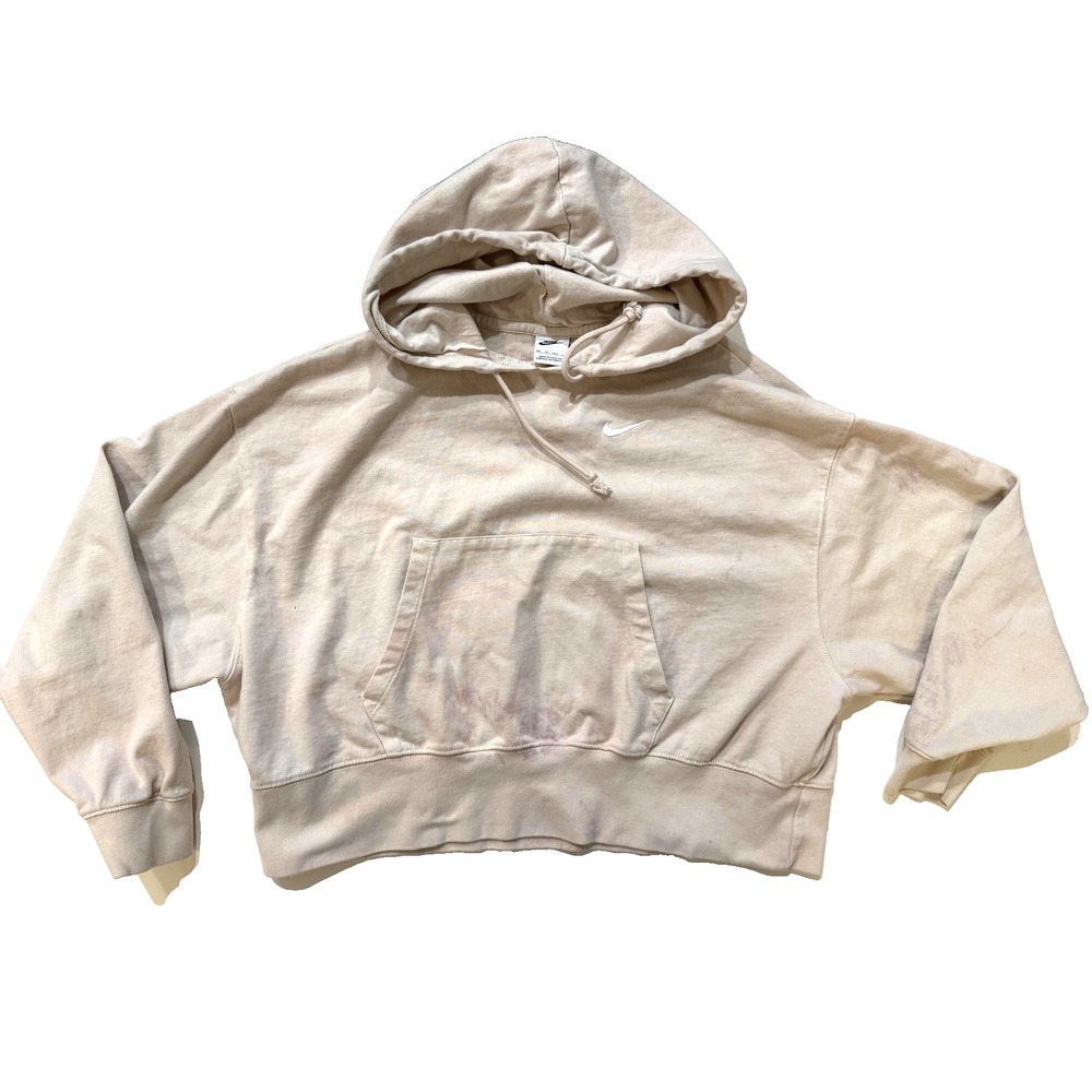 Nike Y2K Hoodie Womens XS Light Beige‎ Pink Oversized Cropped Sweatshirt Swoosh